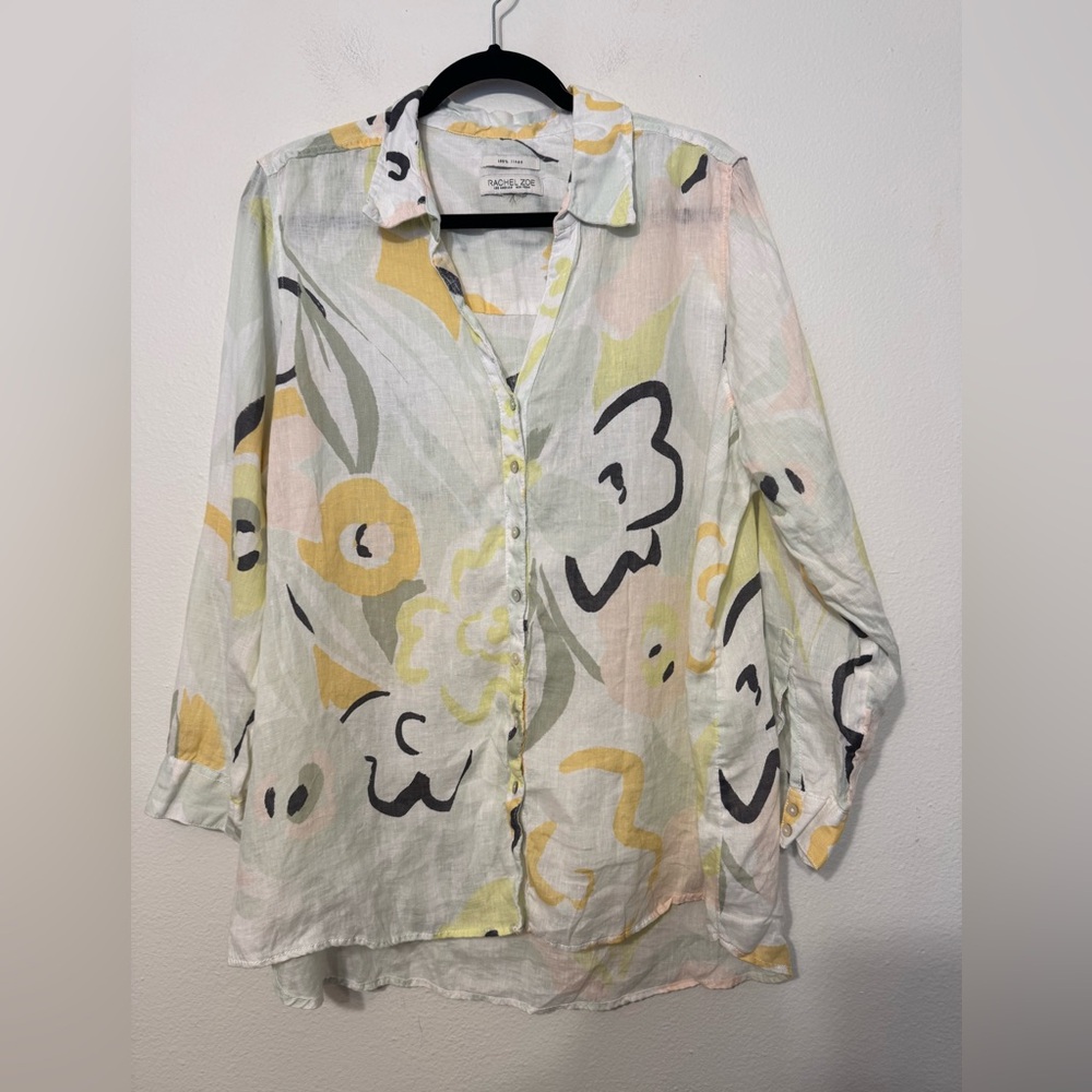 RACHEL Zoe 100% linen abstract art print button down shirt top